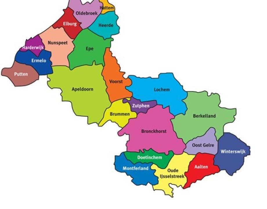 Kaart van Nood en Oost Gelderland met alle gemeenten erop